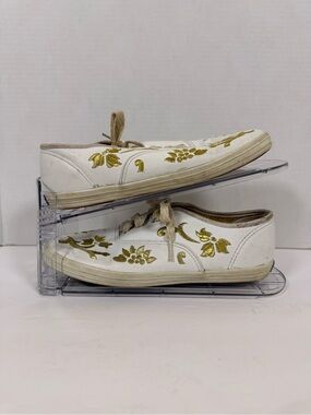Keds White Leather Sneakers with Gold Floral Embroidery